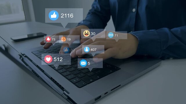 Interactive with friends on chat with emoticon feedback.Social media,marketing, like,social network,blog,live,chat reaction and livestream.Person using smart phone with emoticon icons of Social Media.