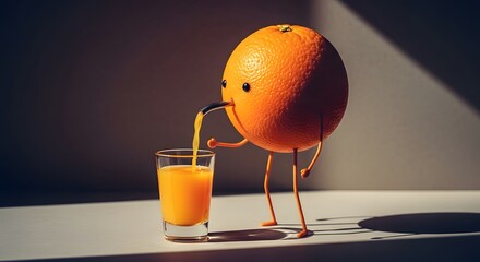 Whimsical orange character pouring fresh orange juice into a glass with legs