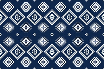 Geometric Blue and White Pattern with Diamonds and Floral Elements for Textiles or Backgrounds