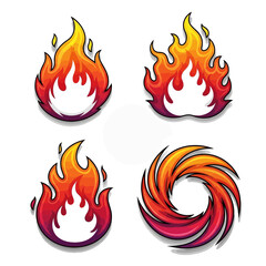 Set of four stylized fire flame and vortex vector icons.