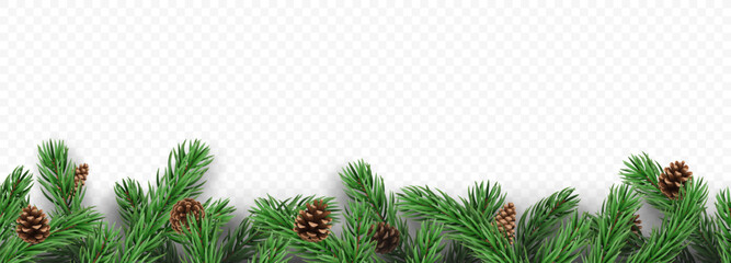 Vector frame with pine tree branches with cones and shadows, isolated on a transparent background. Holiday border fir tree branch for winter banner, poster, greeting card.
