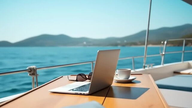 Luxury yacht remote work with laptop  coffee by sea.