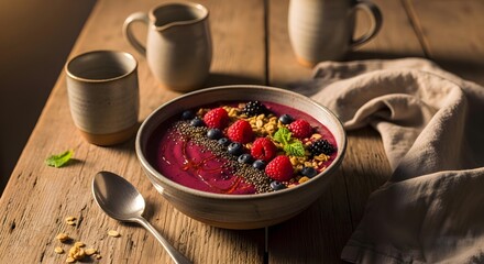 Rustic berry smoothie bowl presented on a wooden farmhouse table with rustic ceramics and linen cloth