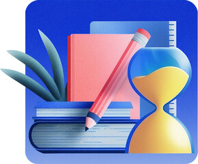 Hourglass with books and pencil, Time management for studying or working