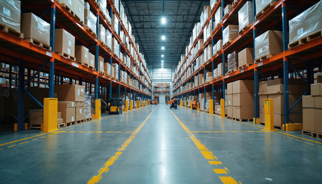 Huge modern logistics warehouse with tall racks full of packed boxes. Many parcels on wooden pallets ready for shipping worldwide quickly. Industrial building ensures storage, distribution, inventory