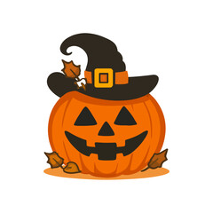 Cute Jack-O'-Lantern Pumpkin in Witch Hat with Leaves, Halloween Illustration Art