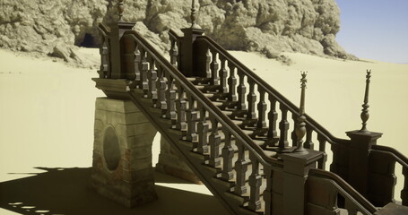 A distinct wooden staircase stands prominently in a desolate area, surrounded by sand and rocks. The intricate design of the railing contrasts with the emptiness of the landscape.
