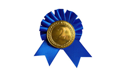 Blue ribbon with golden "2" signifies second place achievement