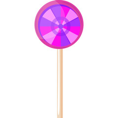 A Pink and Purple Swirled Lollipop on a Wooden Stick Against a Transparent Background with Bright Lighting