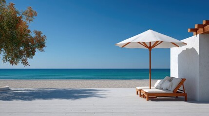 Fototapeta premium Serene Beach Scene With White Parasol and Lounge Chairs Overlooking Turquoise Ocean Under Clear Blue Sky