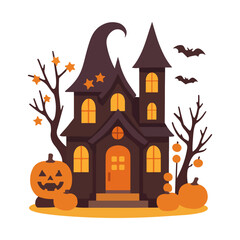 Spooky Haunted House with Pumpkins and Bats, Halloween Night Illustration Art
