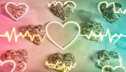 Neon Wireframe Hearts Pattern Y2K Wallpaper