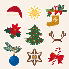 Christmas Icon collection pack. Xmas sticker set in flat design. Vector illustration. Colorful element set.
