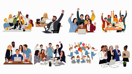 Diverse group of colleagues celebrating success with raised hands, smiles, and teamwork, showcasing achievement and collaboration in the workplace.