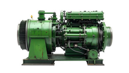 Industrial green generator; intricate details against black background