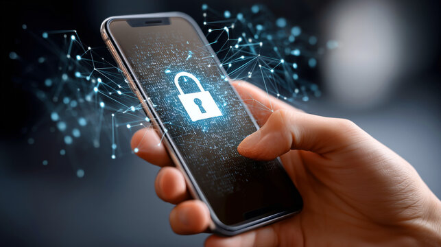 Person is holding a cell phone with a blue lock icon on the screen. Concept of security and protection, as the lock symbolizes the phone's ability to keep information safe from unauthorized access