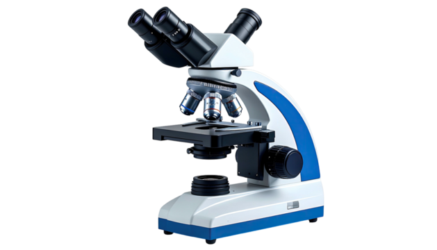 Blue-and-white microscope with three eyepieces in the laboratory