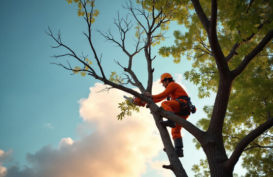 Arborist wearing orange safety gear climbs tall tree. He uses a gas chainsaw to trim branches. Man works carefully high up on limb against blue sky.