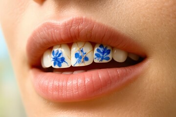 A woman's teeth are painted with blue flowers