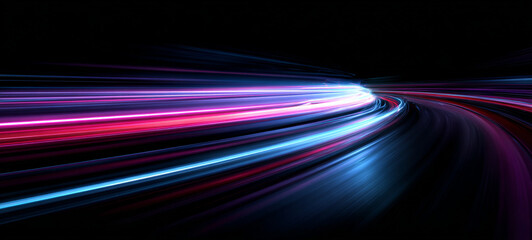 Curved neon lines twist and overlap over highways, creating abstract trails that suggest motion, speed, and dynamic energy flow.