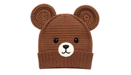 Knit beanie resembling a brown bear face with ears and a snout
