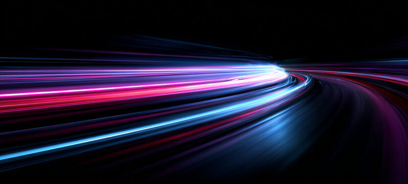 Curved neon lines twist and overlap over highways, creating abstract trails that suggest motion, speed, and dynamic energy flow.