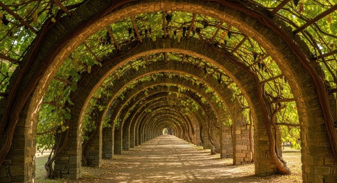 Stone archway tunnel with green vine canopy in tranquil garden setting - Powered by Adobe