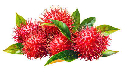 Cluster of bright red rambutans and glossy green leaves