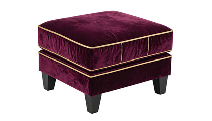 Rich purple velvet ottoman with gold piping on short black legs