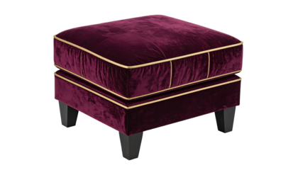 Rich purple velvet ottoman with gold piping on short black legs