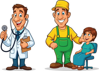Cartoon doctor farmer and child, friendly professions illustration, healthcare and agriculture characters, smiling workers with stethoscope clipboard, community care artwork