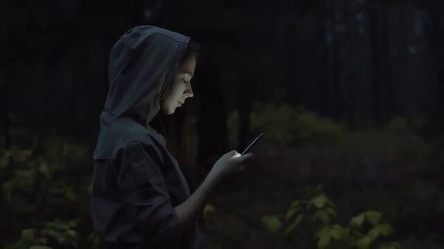 Girl Reading a Glowing Book in Dark Forest 