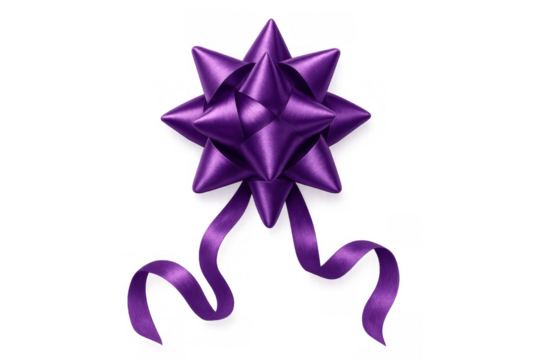 Purple gift bow with curling ribbons, symbolizing celebration, party, discount, holiday, and special event moment