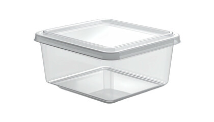 Clear, empty square plastic container with lid on black background