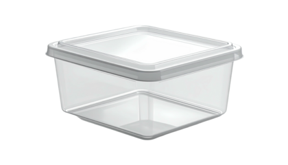 Clear, empty square plastic container with lid on black background