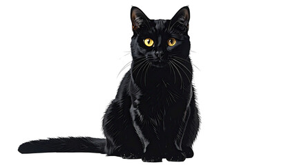 Sleek black cat sits, gazing with bright yellow eyes