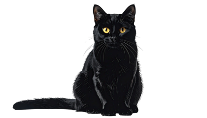 Sleek black cat sits, gazing with bright yellow eyes