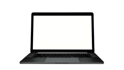 Open laptop with a blank, bright, white screen on black backround
