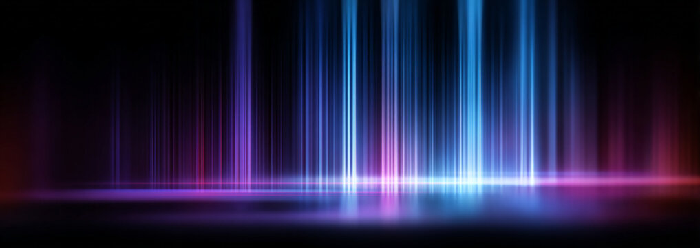 Neon blue and pink lines flow in curved waves, forming a mesmerizing pattern of motion on a dark futuristic background.