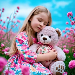 A young girl is sitting in a field holding a teddy bear