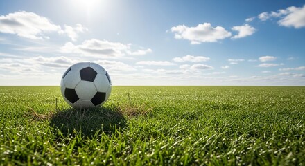 A single soccer ball resting on a patch of grass in a vast green field under a bright sunny sky with scattered clouds.jpeg