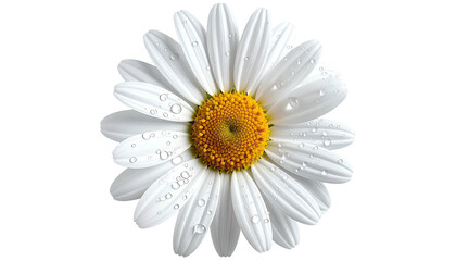 Daisy closeup white petals, yellow center, water droplets