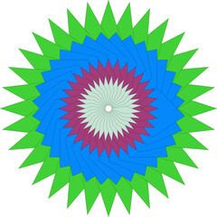Symmetrical Geometric Radial Pattern with Green, Blue, and Magenta Layers