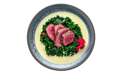 Tender meat on greens, surrounded by sauce in a rustic bowl