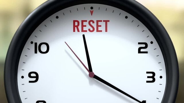 Reset that is going to happen soon. Upcoming reset, approaching in the near future. Reset almost here, in a short time - a clock symbolizes a reminder that reset is near.