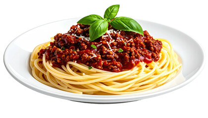 Spaghetti with bolognese sauce, topped with basil on a white plate