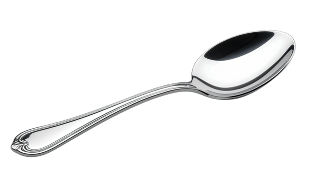 Gleaming silverware. Angled teaspoon on dark background