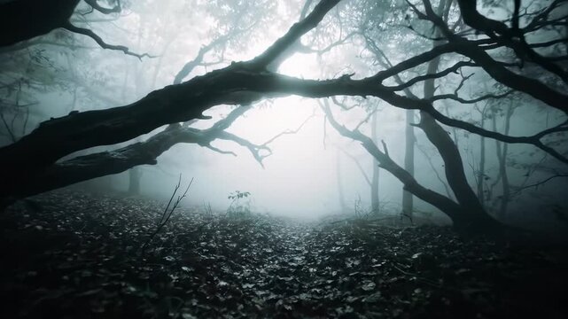 Slow tracking video through dark, ancient forest with gnarled trees, decaying leaves, phosphorescent mist, low angle, chiaroscuro, gothic horror atmosphere