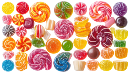 Colorful assortment of candies, swirls, jelly, and drops, overhead
