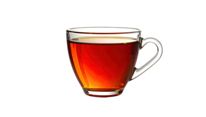 Glass mug full of reddish-brown liquid on black backdrop